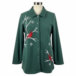 Quacker Factory‎ Shirt S Green Cardinal Fleece Snowflakes Cozy Holiday Christmas